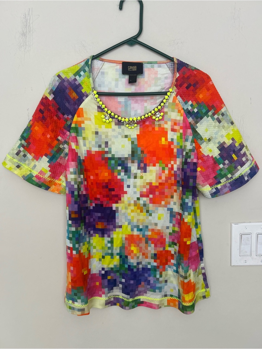 Cavalli Class top multicolored scoop neckline yellow/crystal embellishments.